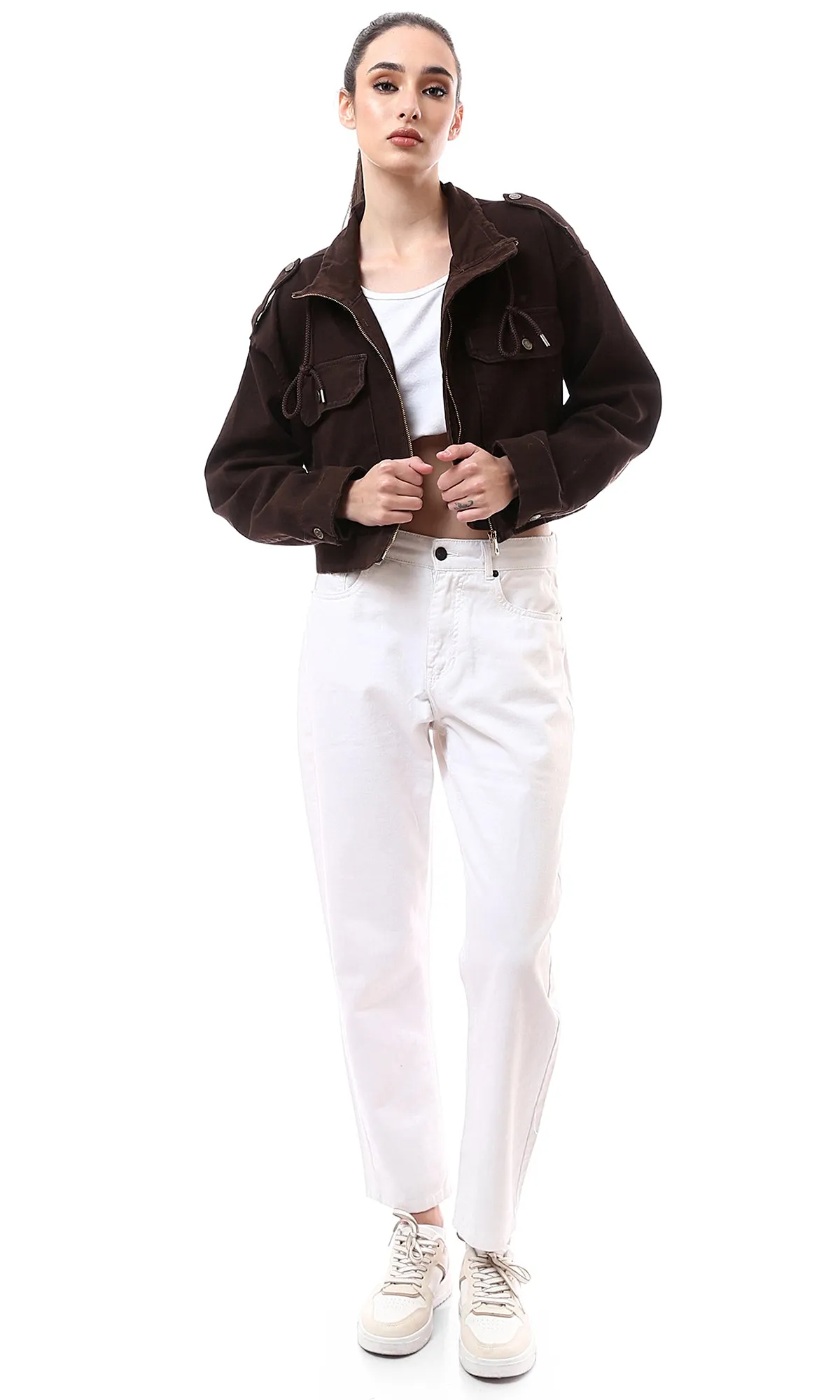 O172031 Dark Brown Short Jacket With Front Pockets