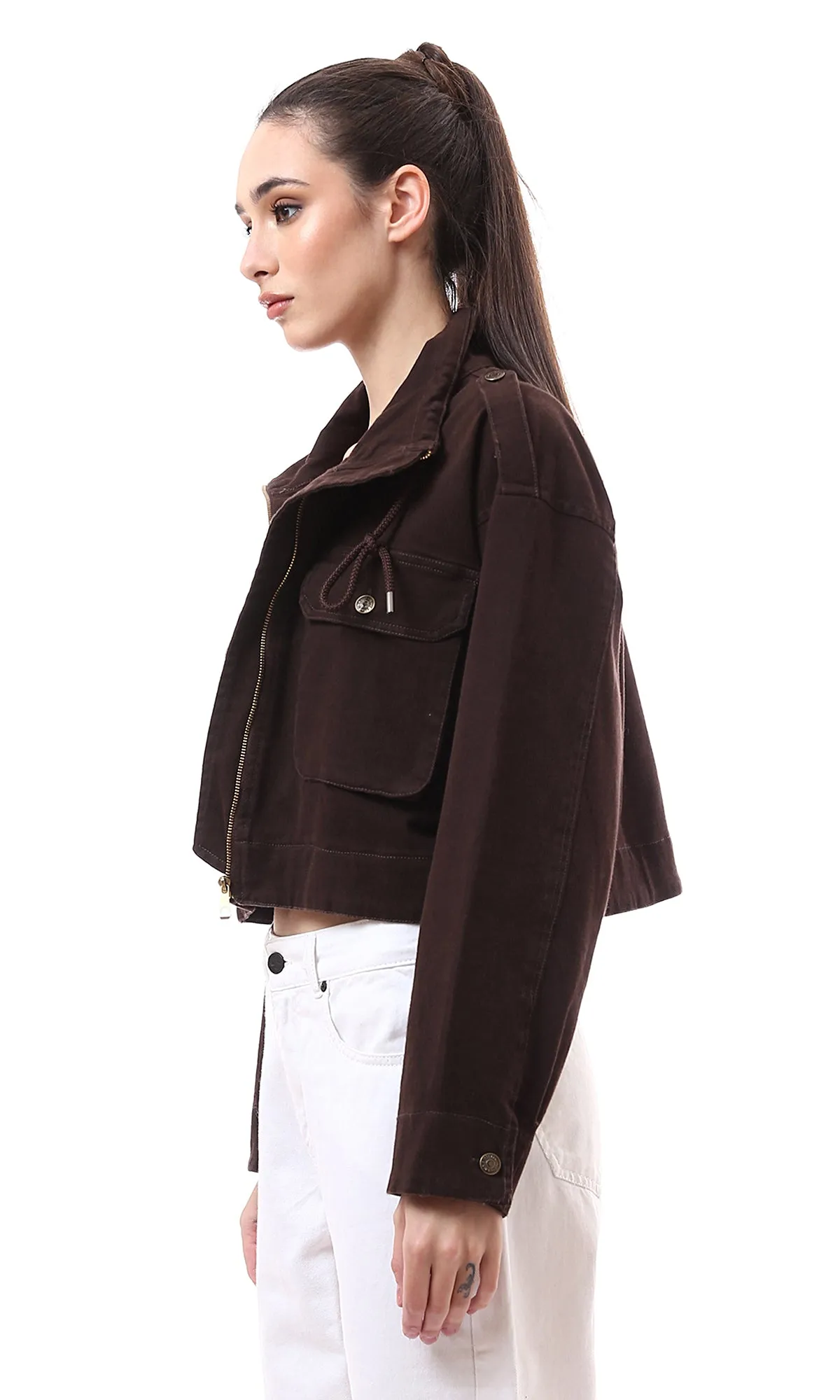 O172031 Dark Brown Short Jacket With Front Pockets