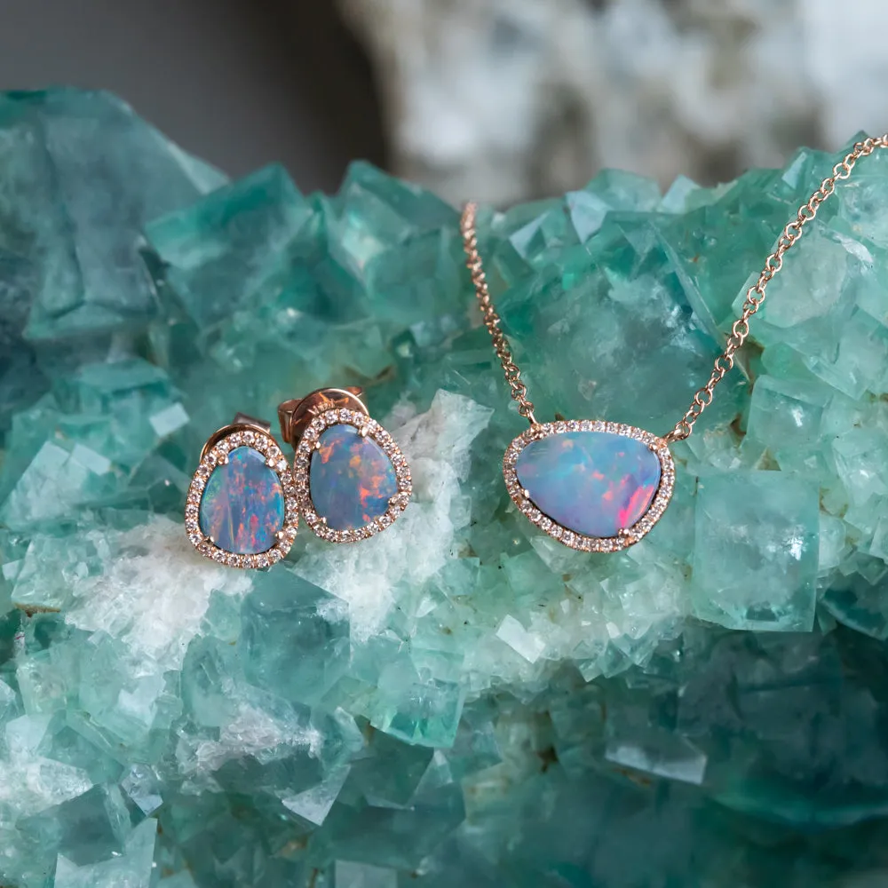 Opal and Diamond Halo Earrings and Necklace 14k Rose Set- Set D