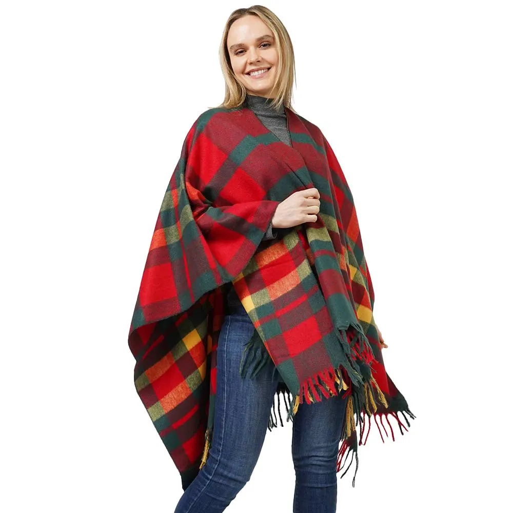 Plaid Check Patterned Cape Poncho