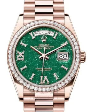 ROLEX DAY-DATE 36 PRESIDENT ROSE GOLD GREEN AVENTURINE DIAL & DIAMOND BEZEL 128345RBR WITH ROSE GOLD PRESIDENT OYSTER BRACELET