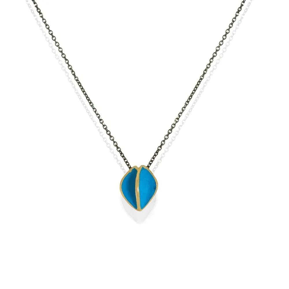 Short Black Silver Chain Necklace With Gold Plated Turquoise Pendant