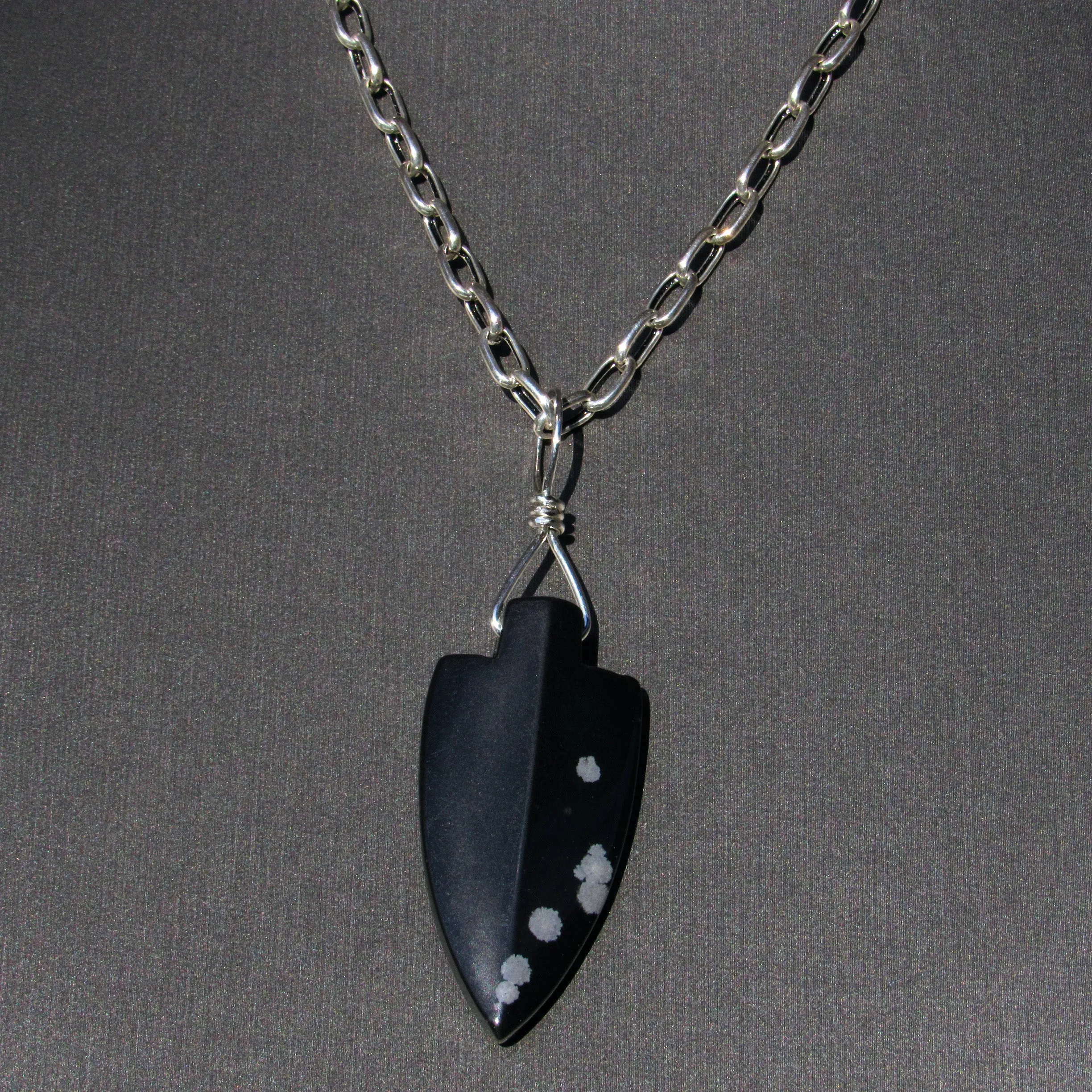 Snowflake Obsidian gemstone Arrowhead on silver chain Necklace