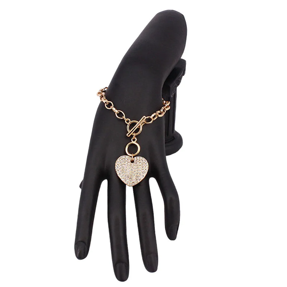 Stone Paved Heart Pendant Metal Toggle Bracelet