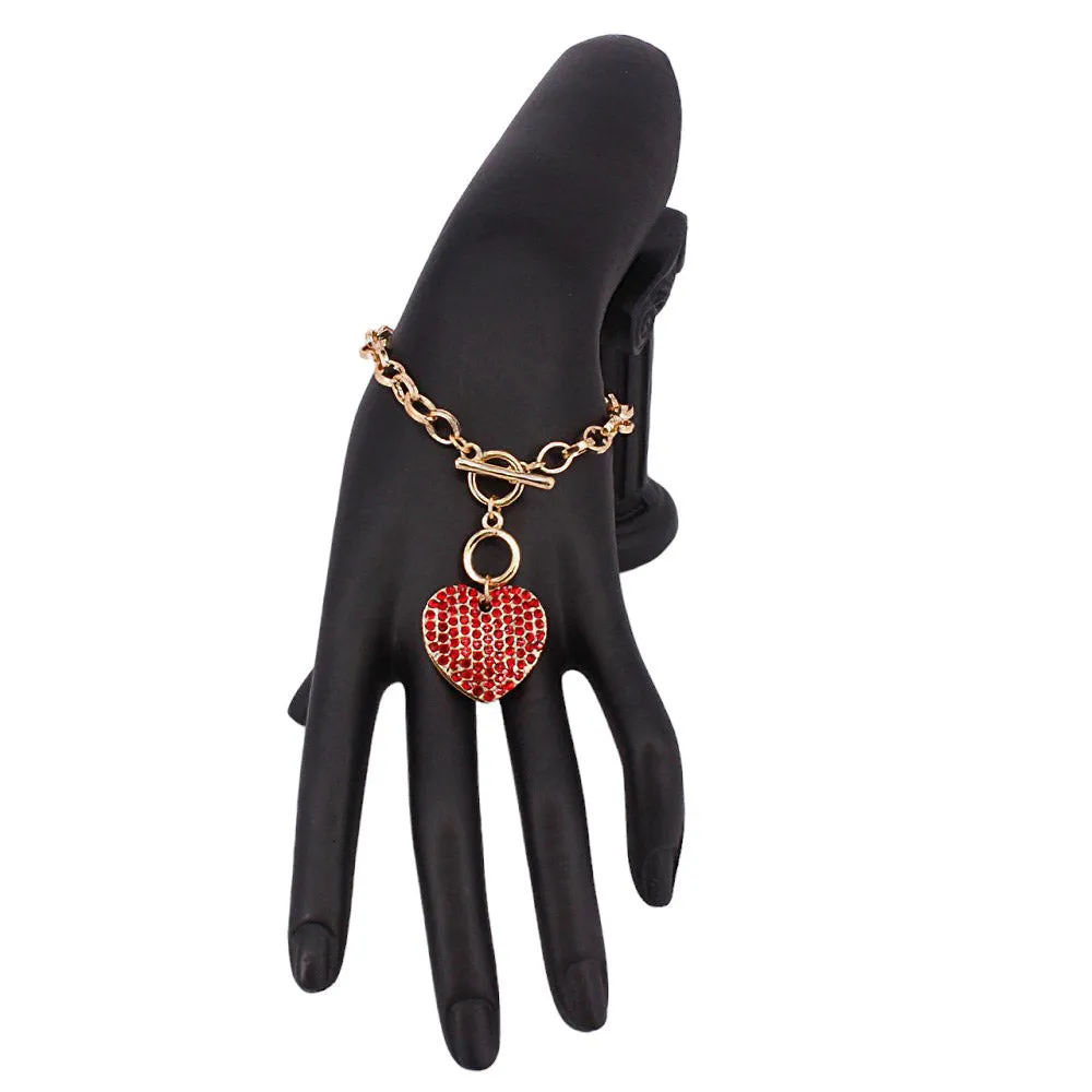 Stone Paved Heart Pendant Metal Toggle Bracelet