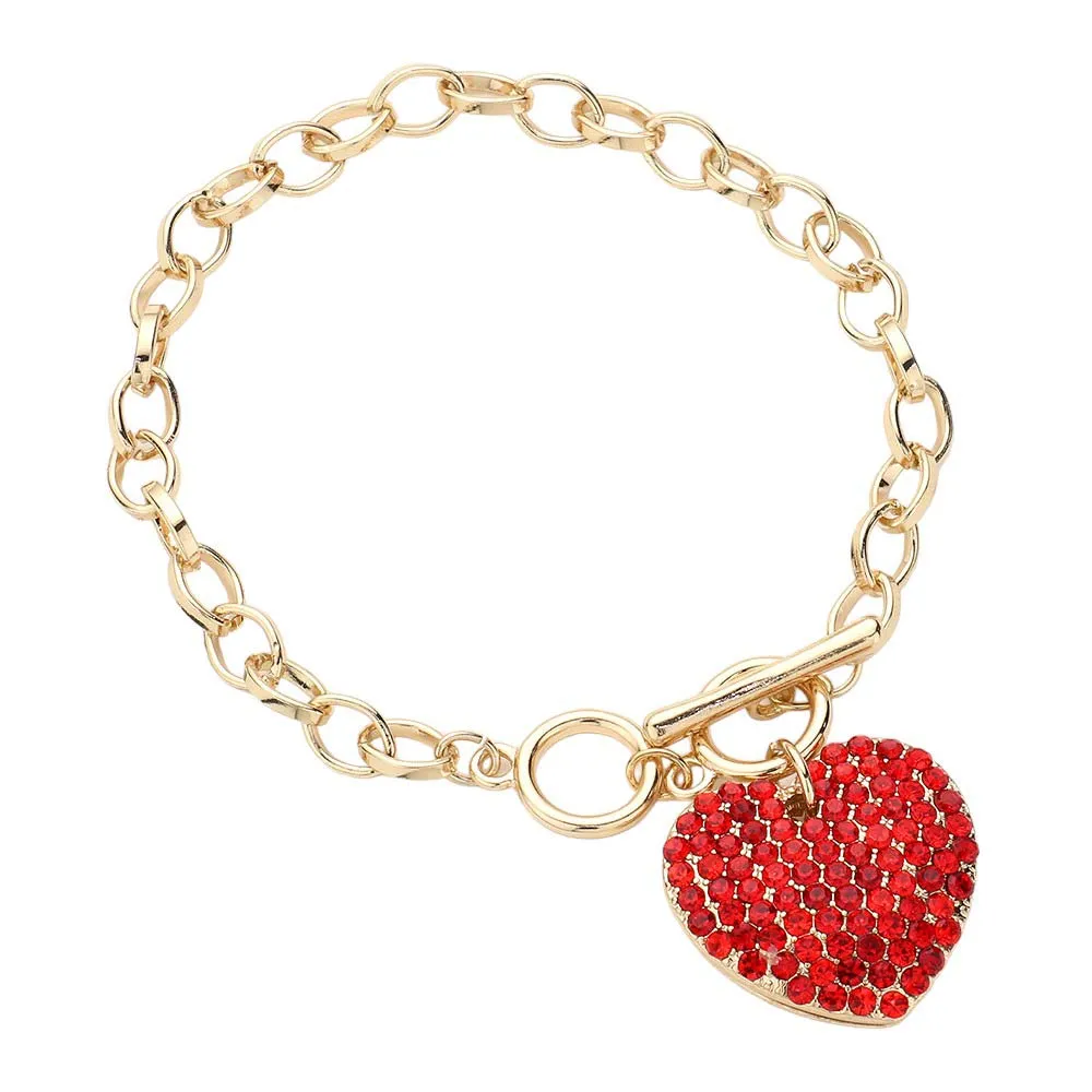 Stone Paved Heart Pendant Metal Toggle Bracelet