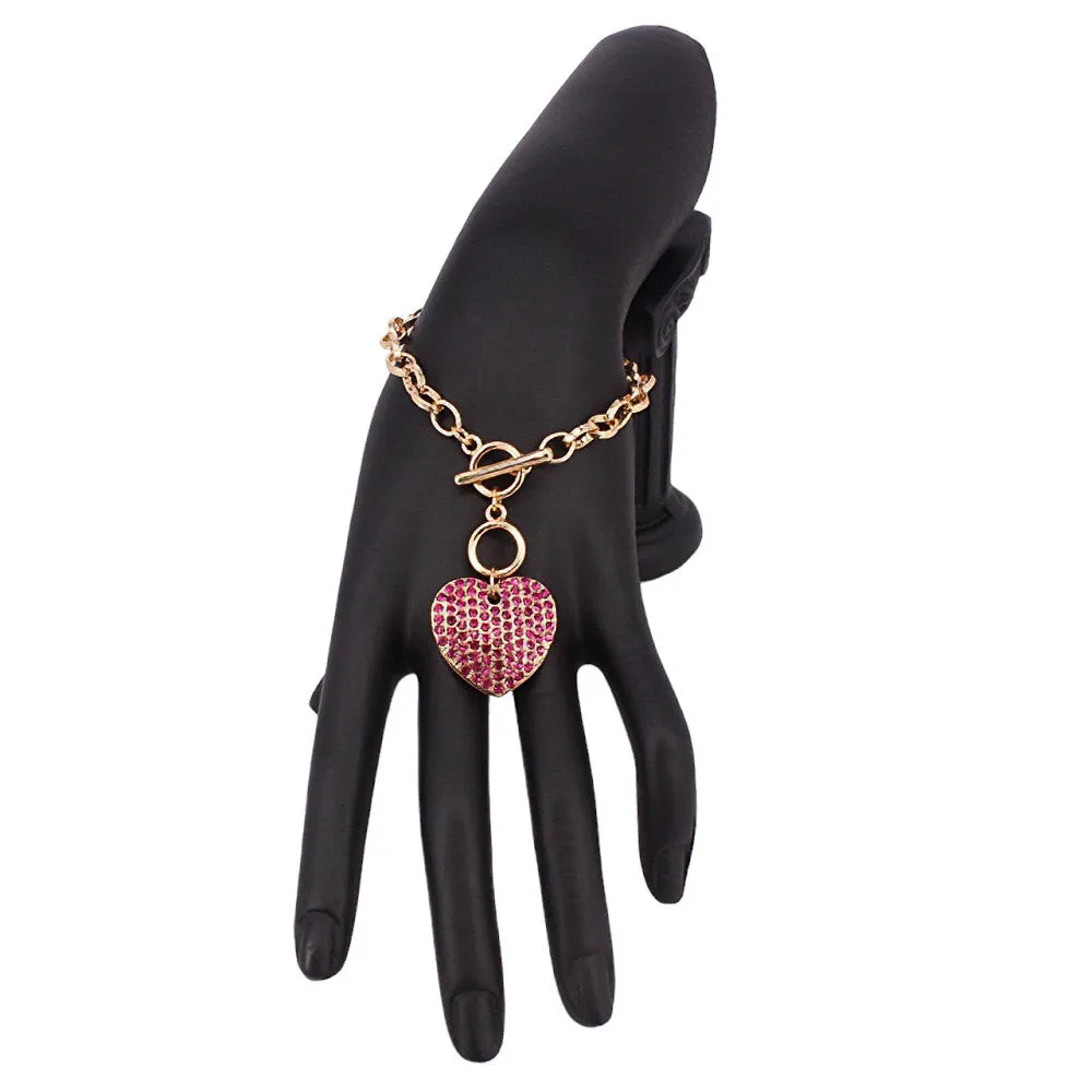 Stone Paved Heart Pendant Metal Toggle Bracelet