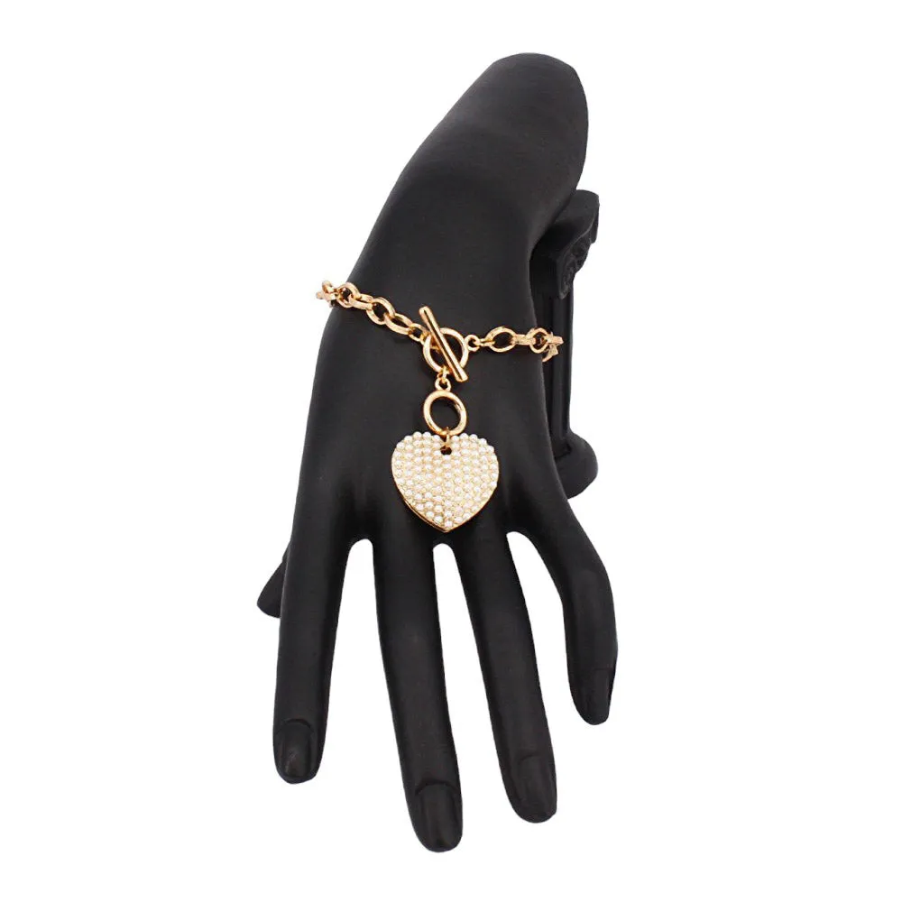 Stone Paved Heart Pendant Metal Toggle Bracelet