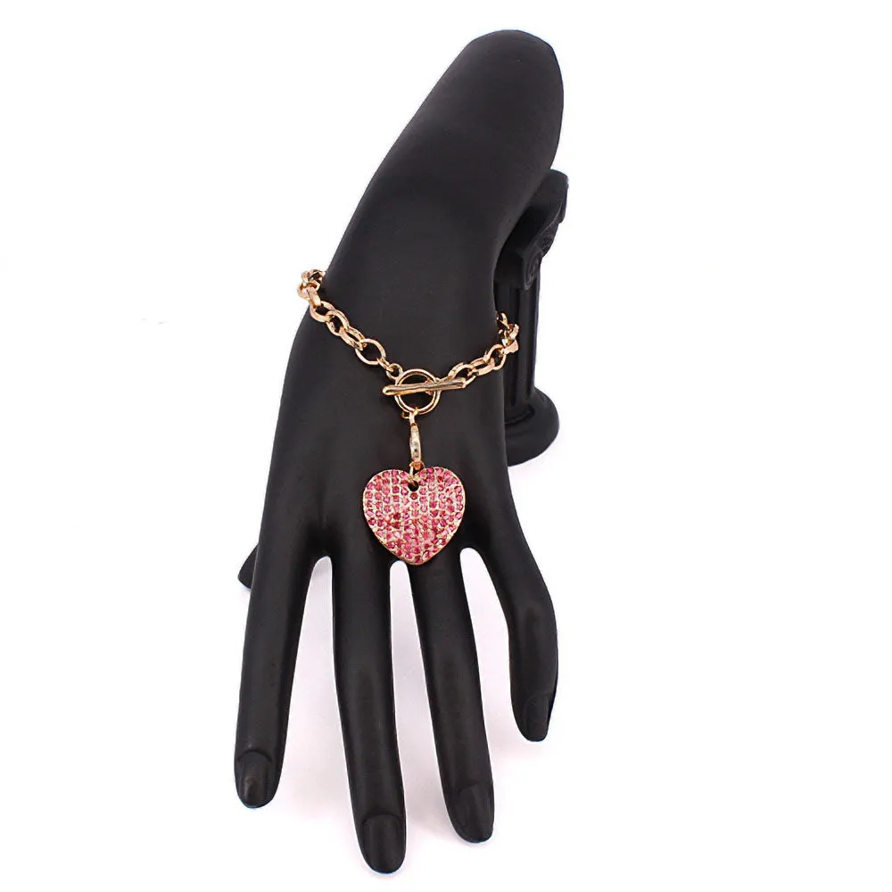 Stone Paved Heart Pendant Metal Toggle Bracelet