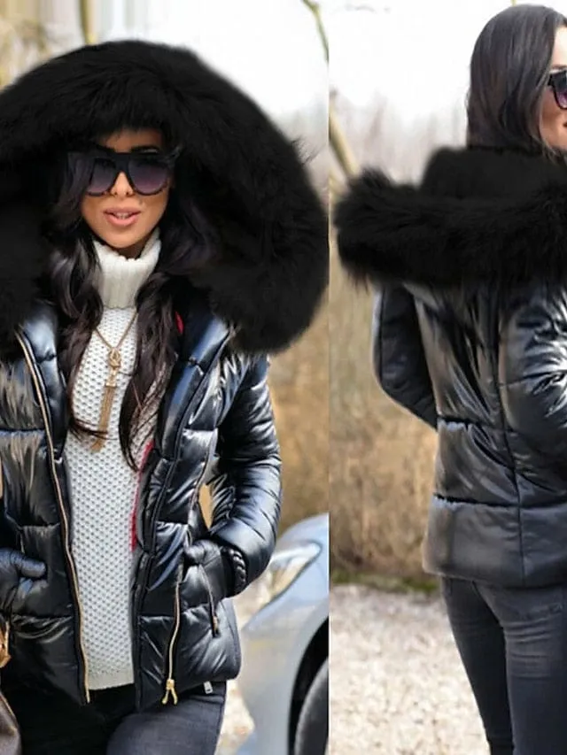 Stylish Women's Black Puffer Jacket with Fur Collar and Hood