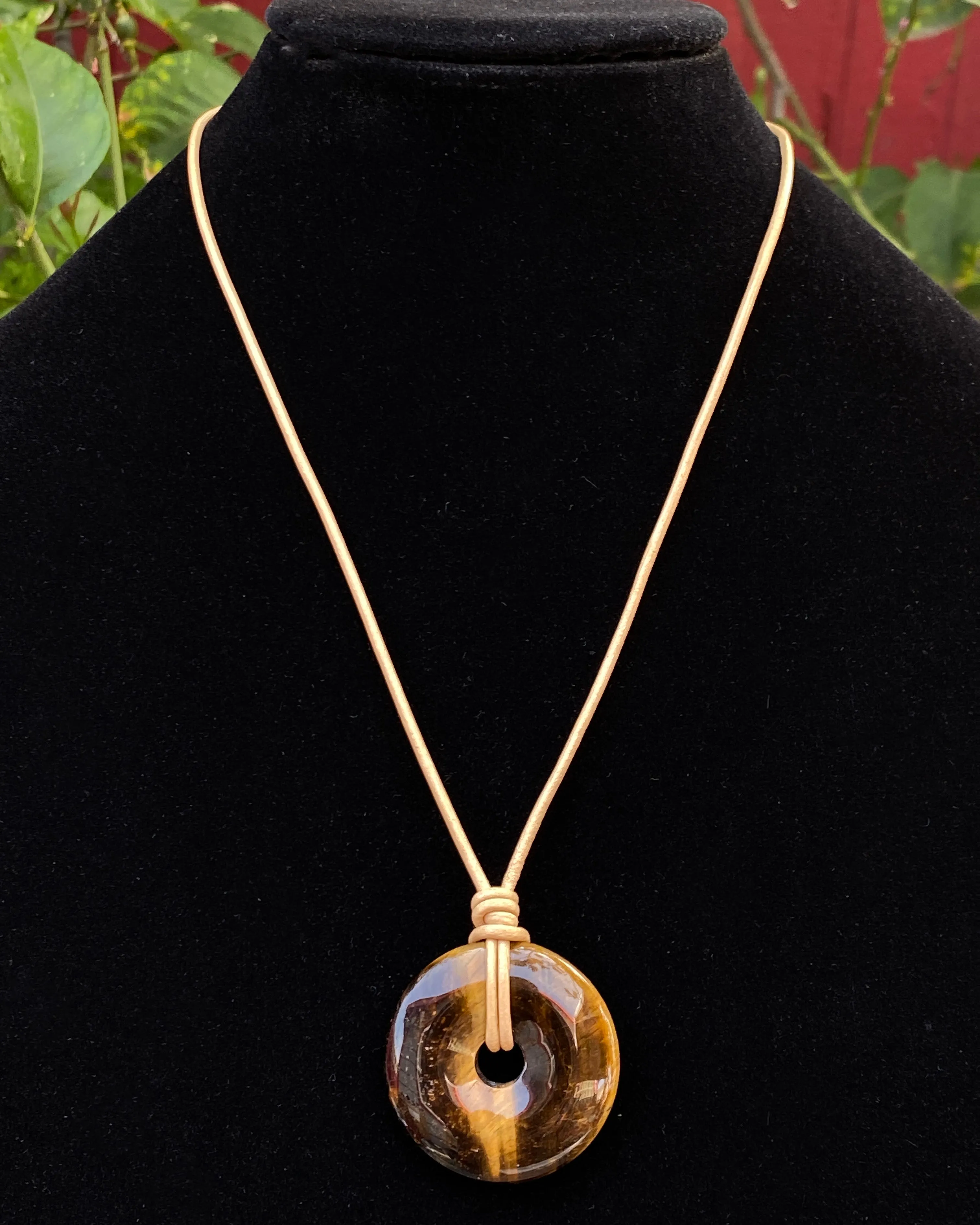 Tiger Eye gemstone Donut on genuine leather Necklace