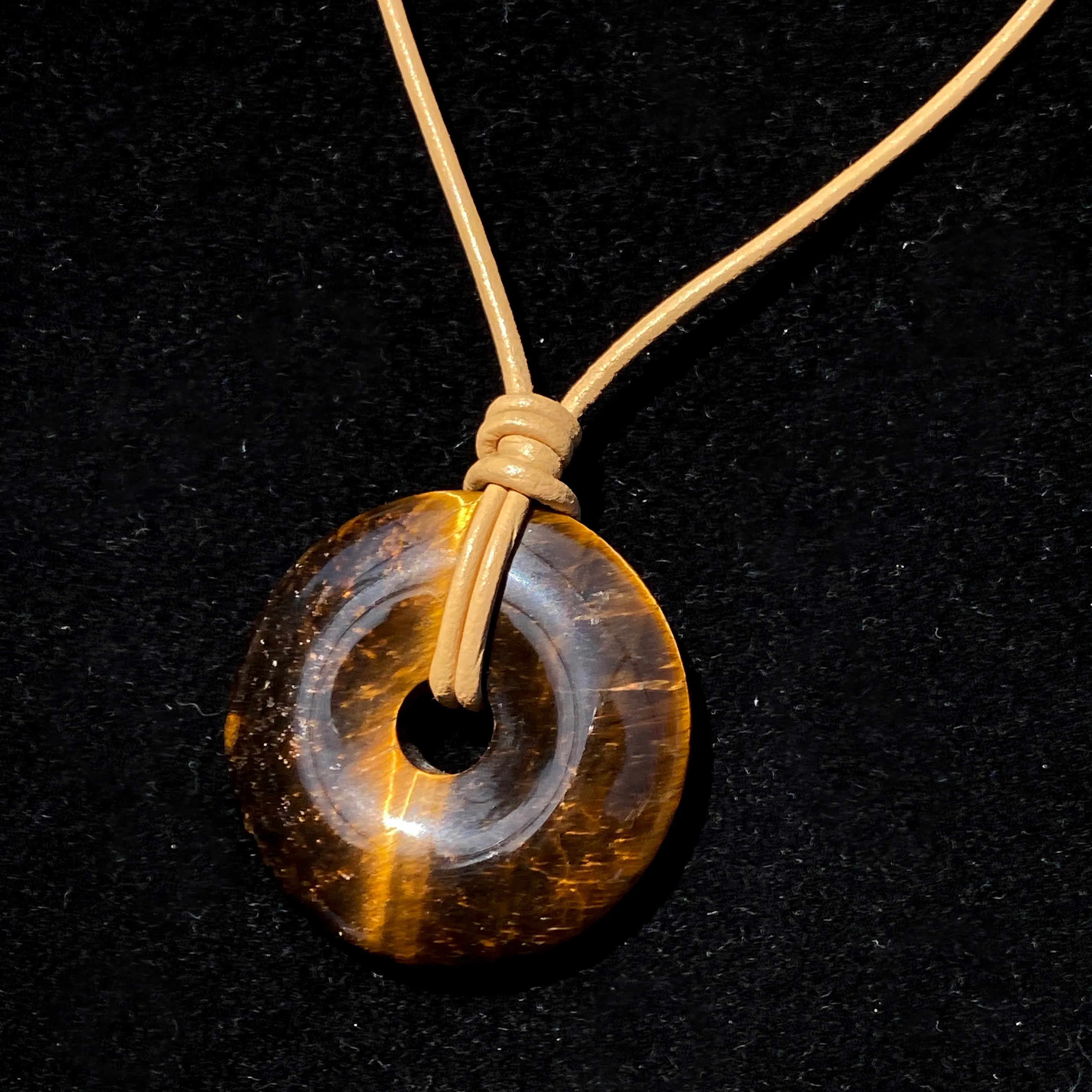 Tiger Eye gemstone Donut on genuine leather Necklace