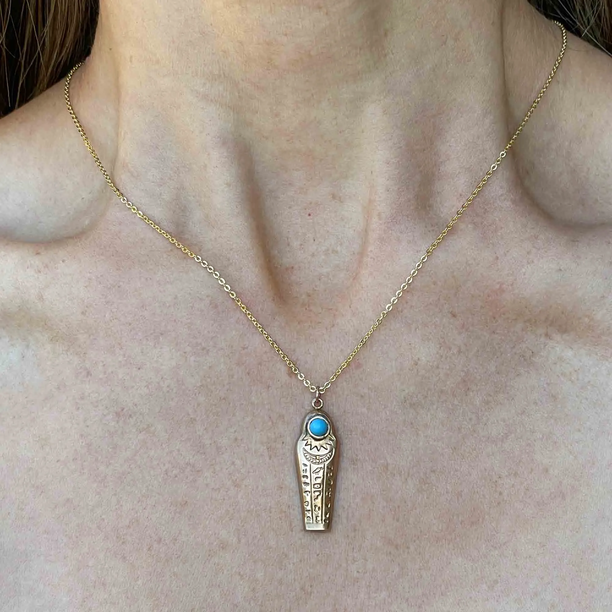 Vintage 9K Gold Turquoise Sarcophagus Pendant Necklace