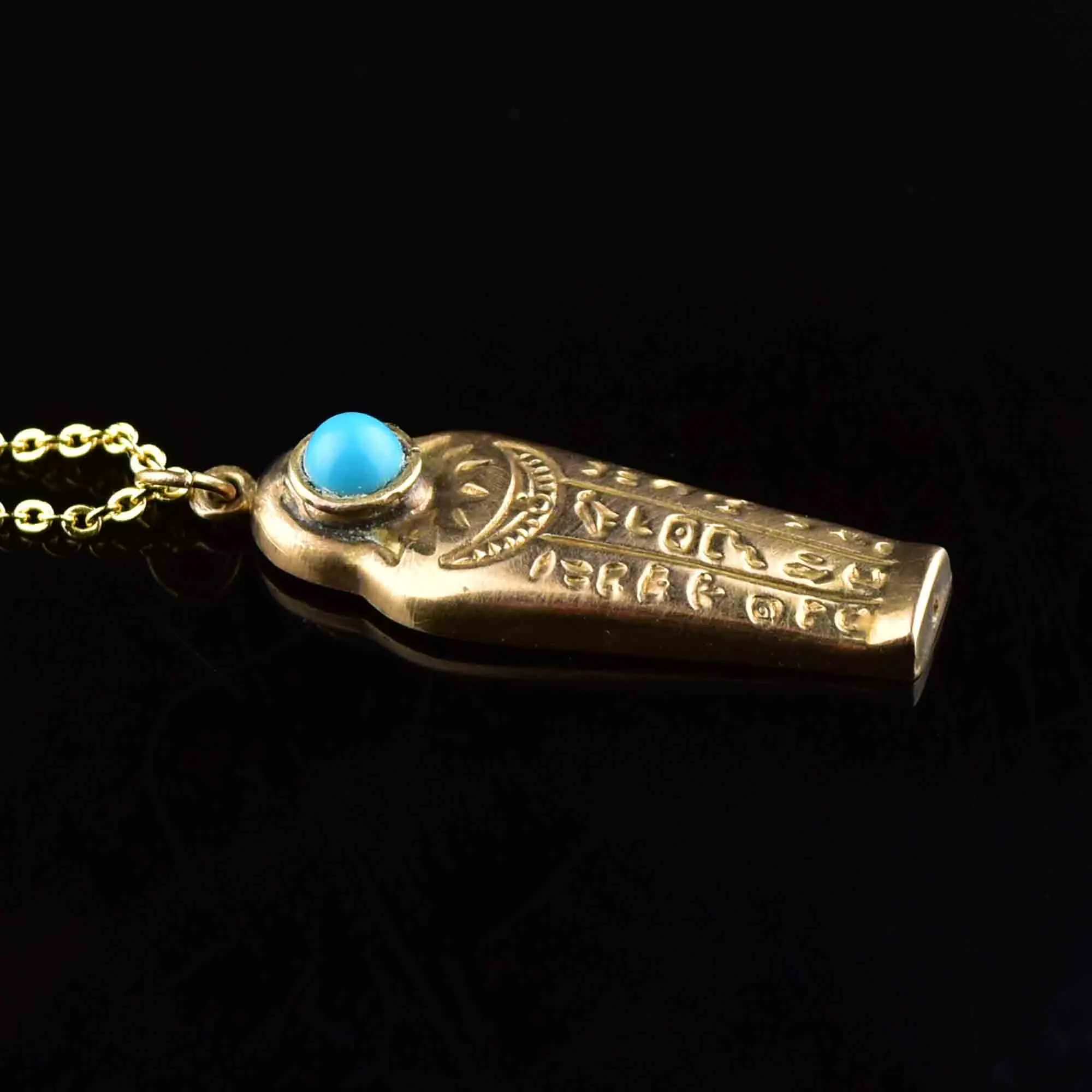 Vintage 9K Gold Turquoise Sarcophagus Pendant Necklace